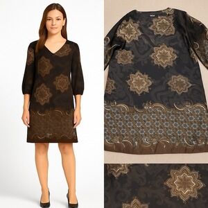 GLAM Paisley Medallion Tunic Dress V-Neck 3/4 Sleeve Boho Satin Feel – Size M